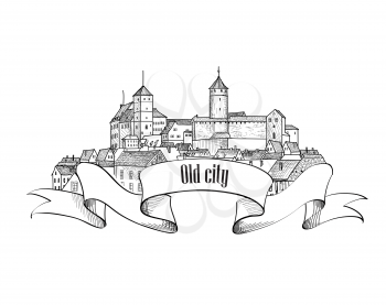Old city label isolated. Downtown view. Medieval european castle landscape. Pensil drawn vector sketch