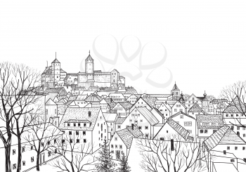 Old city view. Medieval european castle landscape. Pensil drawn vector sketch