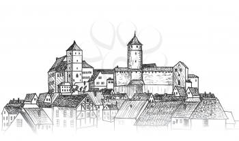 Old city view. Medieval european castle landscape. Pensil drawn vector sketch