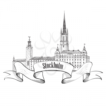 Stockholm label isolated. Travel Sweden symbol. Stockholm Old Town architecture detailed skyline. Vector landmark building illustration.