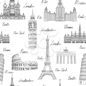 Travel seamless pattern. Vacation in Europe wallpaper. Travel to visit famous places of Europe background. Landmark tiled grunge pattern.