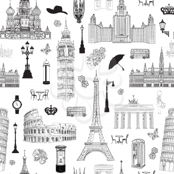 Travel seamless pattern. Vacation in Europe wallpaper. Travel to visit famous places of Europe background. Landmark tiled grunge pattern.
