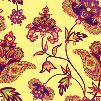 Flourish tild pattern. Floral retro background. Curved tree branch with fantastic flowers, leaves and berries. Wonderland motives of the paintings of ancient Indian fabric patterns.