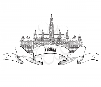 Austria visit card. Vienna city. Famous landmark Rathaus building isolated. Travel european capitals label set. 