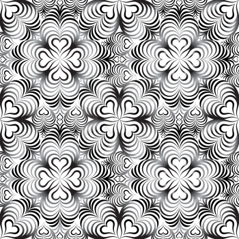 Abstract floral seamless pattern with black and white line heart shape ornament Swirl geometric doodle texture. Ornamental wave optical effect background.