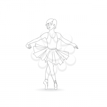 Girl dancing in ballet shoes and ballet tutu. Little ballerina isolated. Ballet class dance line art illustration.