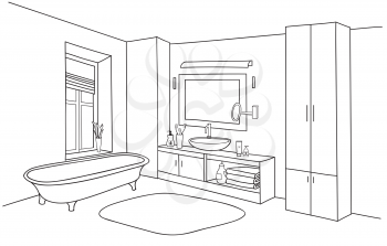 Bathroom interior line sketch. Bath room furniture set.