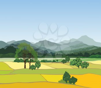 Rural landscape with mountains. Vector countryside view with forest, field and hills