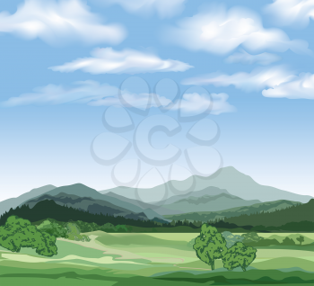 Rural landscape with mountains. Vector countryside view with forest, field and hills