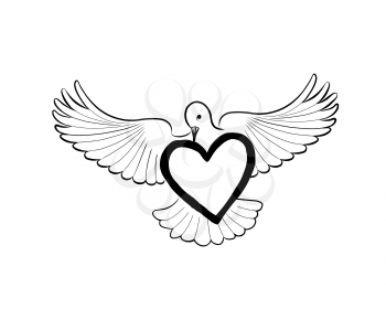 Love heart brought by flying bird dove. Valentine day greeting concept. Bridal wed sign.