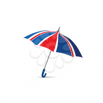 British flag colored umbrella. Season english fashion accessory. Travel Great Britain sign