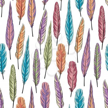 Feather seamless pattern. Colorful vector illustration of feathers over white background