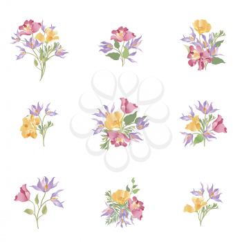 Flower bouquet set. Floral frame design. Flourish greeting card. Summer decor