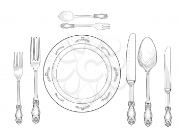 Table setting set. Fork, Knife, Spoon, plate sketch set. Cutlery hand drawing collection. Catering engraved vector illustration. Restraunt service.  Banquet  still life