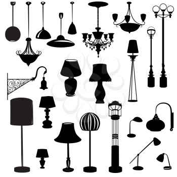 Interior furniture icons. Ceiling lamp icon set. Silhouette ceiling lamps light for home appliance indoor furniture.