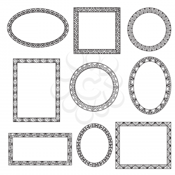 Frame set. Different shape frames in doodle style. Retro border and frame collection. Vector set of vintage photo frames in hand drawn doodle style with antique ornament