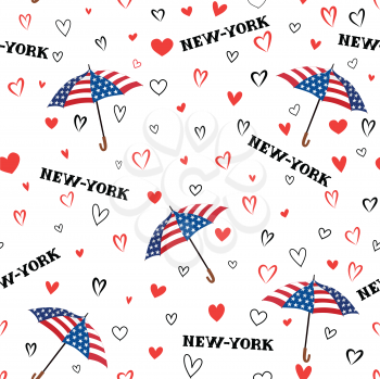 Travel USA seamless pattern. Love New York City background. Heart background with USA flag colored umbrella.