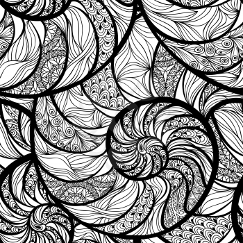 Abstract ornamental spiral seamless black and white outline pattern. Stylish seashell nautilus textured ocean wave geometric background