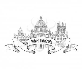 Oxford Univercity label. Oxford city skyline engraved. Arcchitectural famous buildings set. Travel UK sign