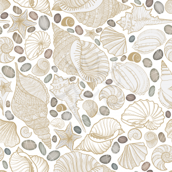 Seashell seamless pattern. Summer holiday marine background. Underwater ornamental textured sketching wallpaper with sea shells, sea star and sand.