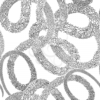 Abstract ornametal spiral seamless black and white outline pattern. Stylish snake skin textured geometric background