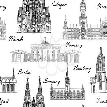 Travel seamlss pattern. Visit Germany background with sketch beer mugs. Famous german buildings and landmarks. Vector illustration