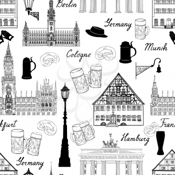 Travel seamlss pattern. Visit Germany background with sketch beer mugs. Famous german buildings and landmarks. Vector illustration