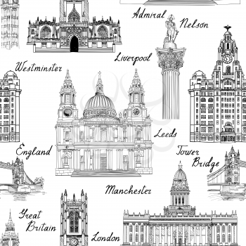 Travel  England UK famous cities landmark with handmade calligraphy. London city, Manchester, Liverpool, Leeds seamless pattern for your design. seamless pattern. Famous architectural monuments  and b