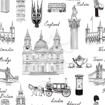 London landmark seamless pattern. Doodle travel Europe sketchy lettering. Famous architectural monuments  and symbols. England vintage icons vector textured background