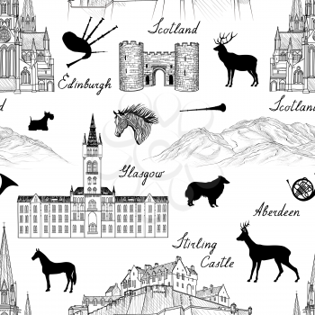 Travel  Scotland famous cities landmark with handmade calligraphy. Edinburgh, Glasgow, Aberdeen city seamless pattern for your design. Architectural monuments and buildings engraved sketch  UK texture