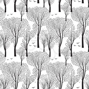  Nature seamless pattern. Forest tiled background. Trees and birds wildlife vector illustration.  Floral black and white wallpaper