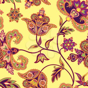 Floral pattern Flourish tiled oriental ethnic background. Arabic ornament with fantastic flowers and leaves. Wonderland ornamental motives of the paintings of ancient Indian fabric patterns.