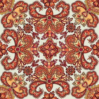 Flourish tiled pattern. Abstract floral geometric seamless oriental background. Fantastic flowers and leaves. Wonderland asian motives of the paintings of arabic mandala. Indian fabric pattern.
