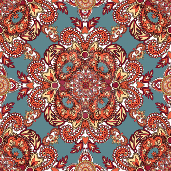 Flourish tiled floral geometric seamless pattern. Abstract oriental background. Fantastic flowers and leaves. Wonderland ornament motives of the paintings of arabic mandala. Indian fabric pattern.