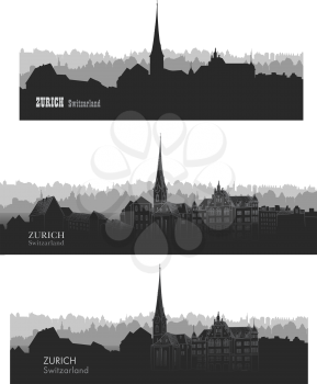 Zurich city, Switzerland. Skyline silhouette sset. Vector cityscape. Travel famous european cities set
