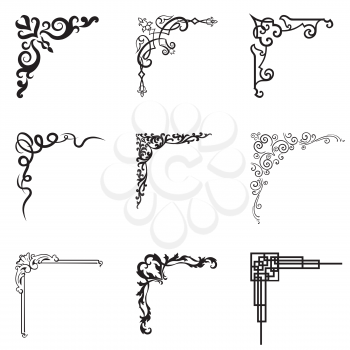 Ornamental floral and geometric corners in different style. Vector set of design black and white illustration