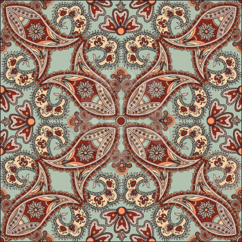 Flourish tiled pattern. Abstract floral geometric seamless oriental background. Fantastic flowers and leaves. Wonderland motives of the paintings of arabic mandala. Indian fabric pattern.