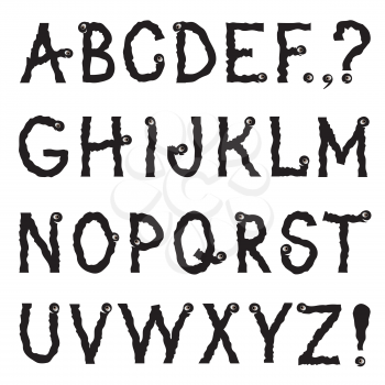 Alphabet. Grunge shakily line drawing decorative font. Hipsters doodle ragged latin letter characters alphabet set in bumpy halloween party style