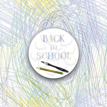 Back to school background. School supplies over chaotic line pattern
