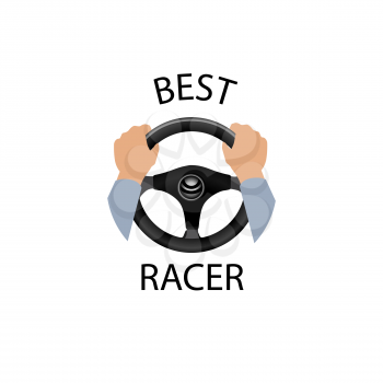 Drive a car sign. Best racer banner. Diver design element with hands holding steering wheel. Vector icon.