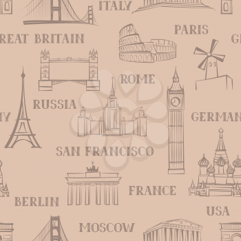Travel seamless pattern. Vacation background. World attraction signs