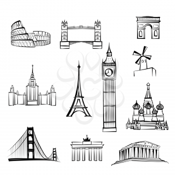 world tourist attractions symbols World famous city landmarks Travel icon set Doodle engraved sightseeings of London, Rome, Berlin, Athens, Moscow, San Francisco, Paris.