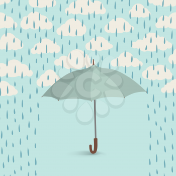 Umbrella over rain. Rainy cloudy sky pattern. Autumn rain background concept