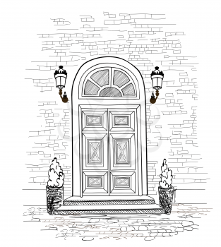 Door background. House door entrance hand drawing illustration 