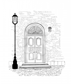 Old doors in vintage style over white background. House entrance hand drawing illustration. Doodle cosy street alleyway wallpaper design
