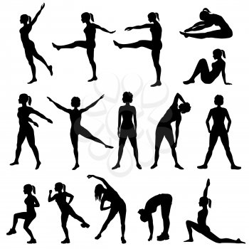  Elegant women silhouettes doing fitness exercises. Fitness club icon set, fitness exercises concept. Girls gym training vector illustration isolated on white background