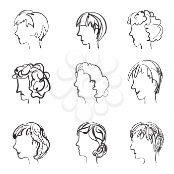 Faces profile with different expressions in retro sketch style. 9 facial expressions set