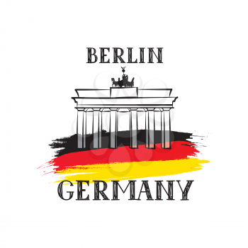 Tavel Berlin Germany sign. German flag sketch and Brandenburg Gates