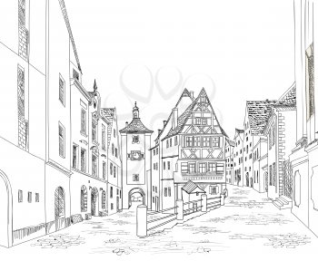 Street with old buildings and cafe in old city. Cityscape - houses, buildings and tree on alleyway. Old city view. Medieval european castle landscape. Urban landscape illustration. Pencil drawn vector