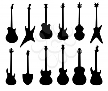 Musical instruments set. Electric, acoustic, bass, ruthm guitar silhouette collection. Rock music symbols set